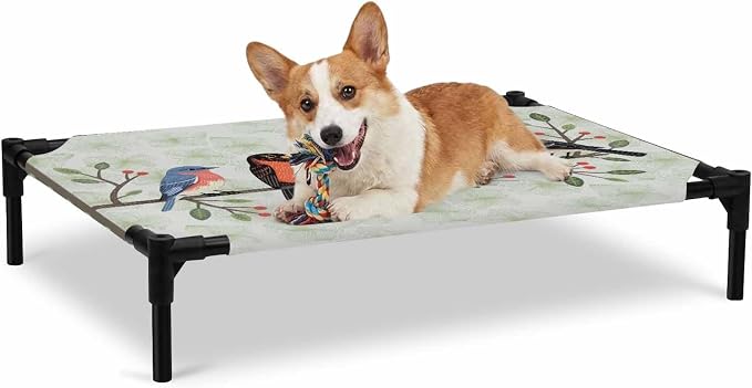 Outdoor Elevated Dog Bed for Large Dogs, Rustic Cardinal Bird Breathable Cooling Raised Dog Cot for Indoor/Outdoor, Green Leaves Branches Country Berries Waterproof Elevated Pet Beds, L 28 x 22 in