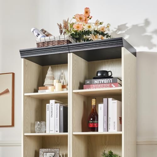 Storage Cabinet with Adjustable Shelves | Open Display Cubbies & Closed Barn Door Storage 3D Wood Grain Finish MDF Bookcase for Bedroom Living Room Office