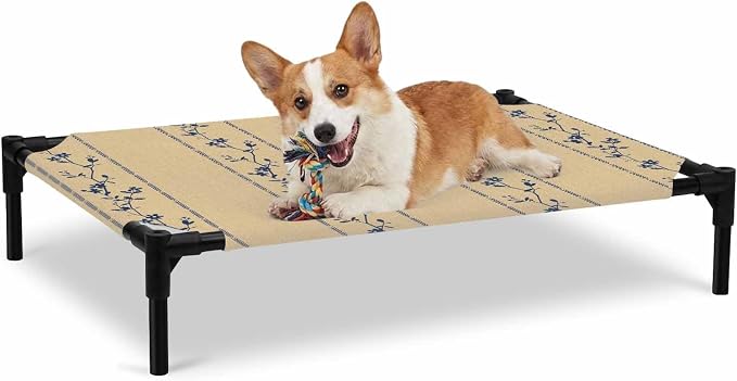 Outdoor Elevated Dog Bed for Large Dogs, Khaki Flower Branch Breathable Cooling Raised Dog Cot for Indoor/Outdoor, Spring Summer Farmhouse Botanical Waterproof Elevated Pet Beds, L 28 x 22 in