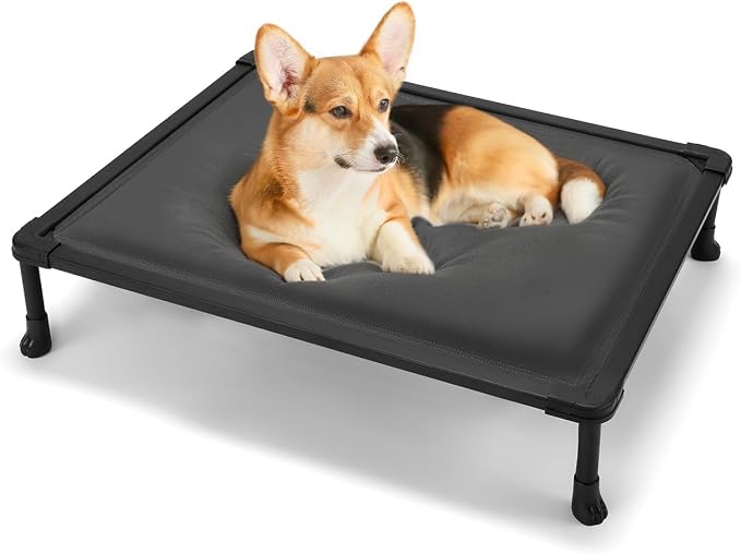 Veehoo Chew Proof Elevated Dog Bed, Padded Indestructible Raised Dog Cot | Orthopedic Dog Platform Bed with Soft Padded Mat, Durable Waterproof Pet Cot for Indoor, Outdoor or Crate, 35-Inch, Grey