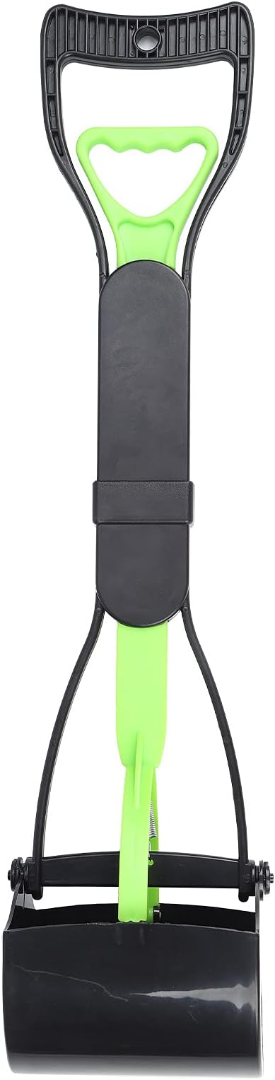 Pet Poop Scoop, Long Handle Jaw Scooper with Foldable Design, Heavy Duty Plastic, Nonstick Surface, Dog Waste Picker for Grass Lawn, Indoor Outdoor (Green Black)