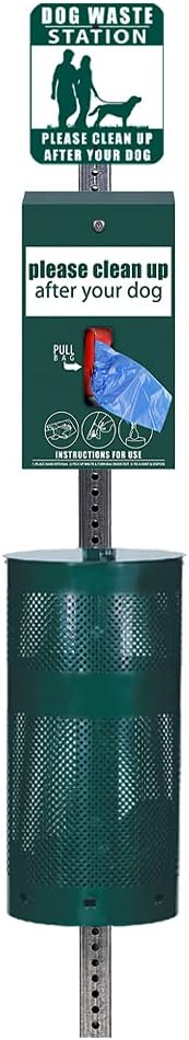Doggie Walk Bags® Dog Waste Station - Matte Green | Blue Tie-Handle Bags | Rust-proof aluminum station with 10-gallon can, 400 blue tie-handle bags, locking dispenser, 10-year warranty