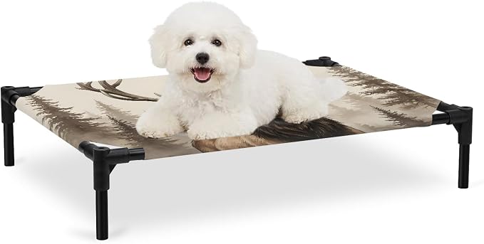 Outdoor Elevated Dog Bed for Medium Dogs, Brown Elk Breathable Cooling Raised Dog Cot for Indoor/Outdoor, Farm Pine Forest Tree Wildlife Rustic Waterproof Elevated Pet Beds, M 24 x 20 in
