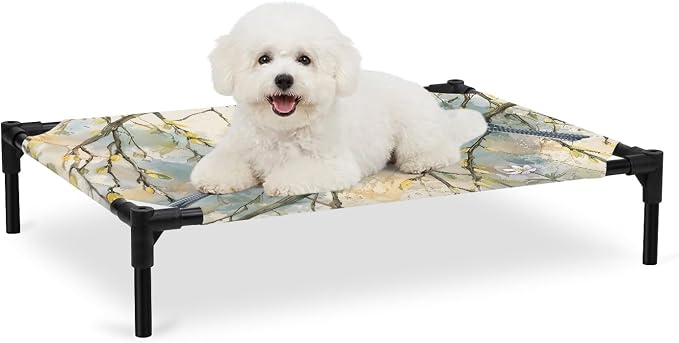 Outdoor Elevated Dog Bed for Medium Dogs, Birds Branches Breathable Cooling Raised Dog Cot for Indoor/Outdoor, Country Elegant Pastoral Floral Waterproof Elevated Pet Beds, M 24 x 20 in
