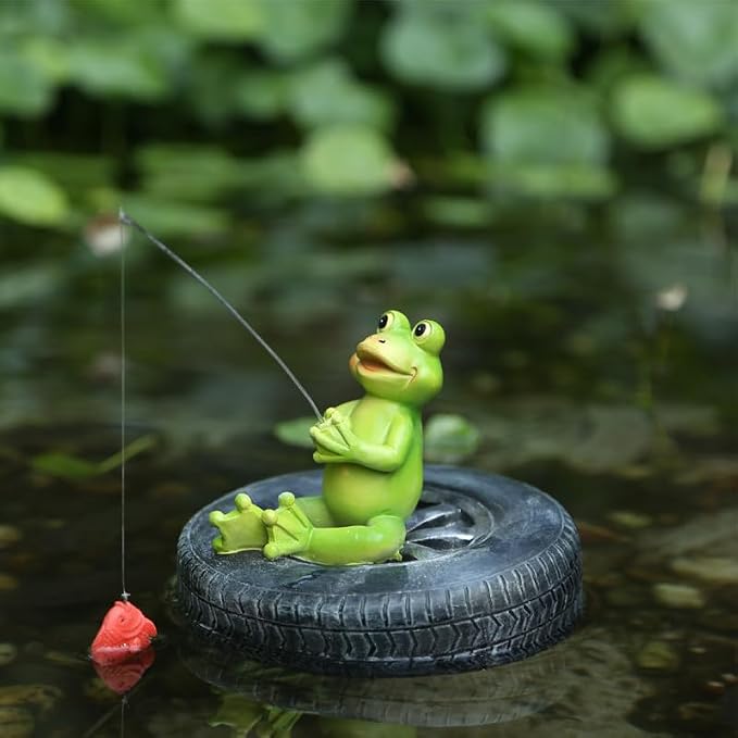 Pond Decoration, Green Resin Statue, Water Landscape Garden, Floating Decoration (Fishing for Frogs)