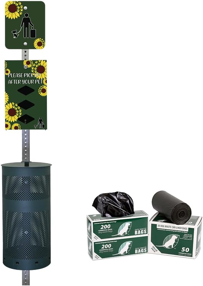 Zero Waste USA - Aluminum Dog Waste Station - Sunflower | Matte Green | DISPENSE-ART™ UV-printed aluminum station, 25% larger bag storage, rust-proof commercial design for parks & properties