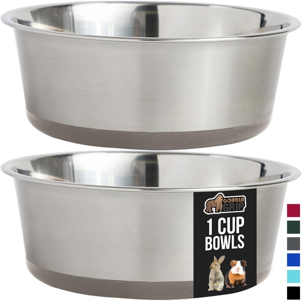 GORILLA GRIP Set of 2 Dog Bowls, Heavy Duty Metal Food and Water Bowl for Feeding Dogs and Cats, Dishwasher Safe, Rust Resistant Stainless Steel, BPA Free Rubber Base, Holds 1 Cup (8 fl oz), Beige