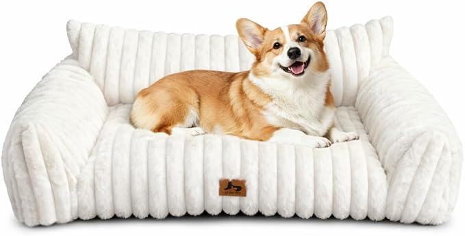 Dog Couch for Pets, Cute Small Dog Bed Medium Size Dogs with Cozy Soft Faux Rabbit Fur for Small & Medium Dogs, Supportive Pet Sofa with Removable Washable Cover, Cream, 36"