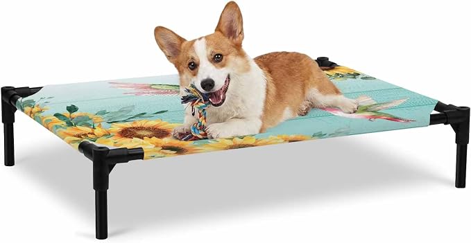 Outdoor Elevated Dog Bed for Large Dogs, Sunflowers Breathable Cooling Raised Dog Cot for Indoor/Outdoor, Spring Botanical Flowers Birds Turquoise Wooden Waterproof Elevated Pet Beds, L 28 x 22 in