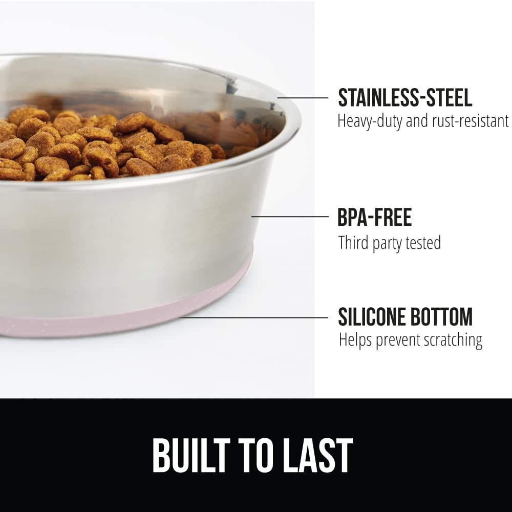 GORILLA GRIP Set of 2 Dog Bowls, Heavy Duty Metal Food and Water Bowl for Feeding Dogs and Cats, Dishwasher Safe, Rust Resistant Stainless Steel, BPA Free Rubber Base, Holds 1 Cup (8 fl oz), Lt Pink