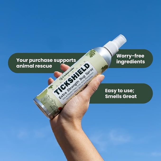 Cedarcide Extra- Strength Tickshield | Deep Woods Cedar Oil Tick & Mosquito Repellent Spray Kills & Repels Ticks, Fleas, Chiggers and Mosquitoes| for People & Pets | Natural Essential Oils | 4 Oz