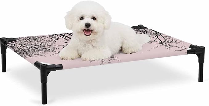Outdoor Elevated Dog Bed for Medium Dogs, Pink Black Branches Breathable Cooling Raised Dog Cot for Indoor/Outdoor, Botanical Dead Tree Birds Waterproof Elevated Pet Beds, M 24 x 20 in