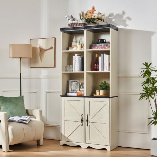 Storage Cabinet with Adjustable Shelves | Open Display Cubbies & Closed Barn Door Storage 3D Wood Grain Finish MDF Bookcase for Bedroom Living Room Office
