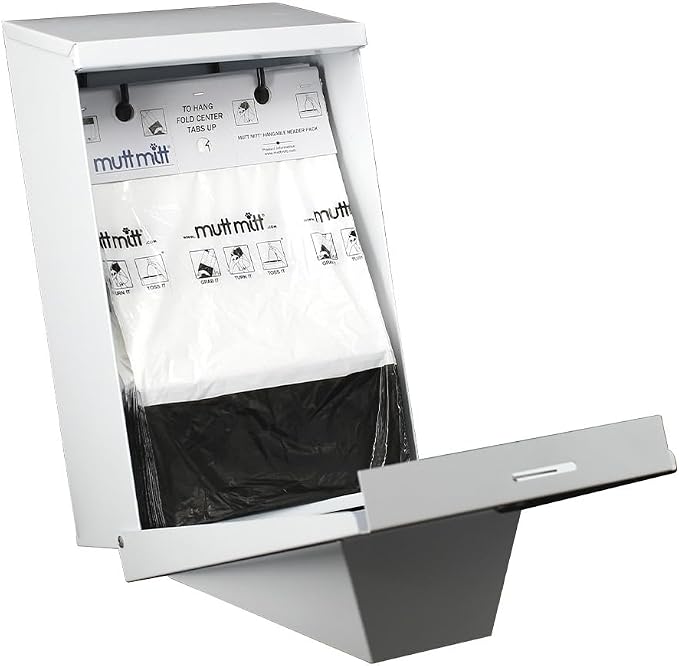 Mutt Mitt® Aluminum Mini Dog Waste Station - Gloss White | 2-Ply | Full-height aluminum station with sign, 400 header bags, locking dispenser, & post | install beside existing trash cans