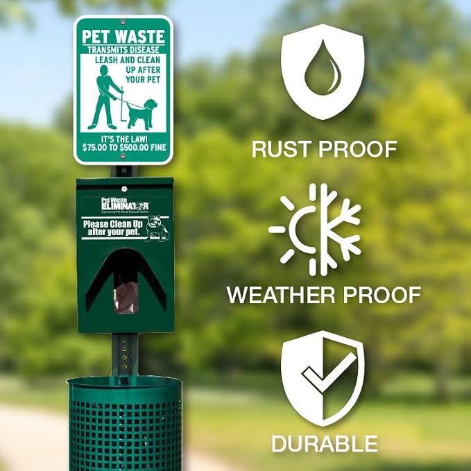 Pet Waste Station Kit with 12in x 18in Aluminum Sign - Rustproof Aluminum - FREE 200 Roll Bags & 50 Can Liners ($70-$500 Sign)