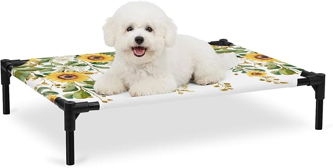 Outdoor Elevated Dog Bed for Medium Dogs, Hanging Floral Breathable Cooling Raised Dog Cot for Indoor/Outdoor, Spring Botanical Sunflower Green Leaves Waterproof Elevated Pet Beds, M 24 x 20 in
