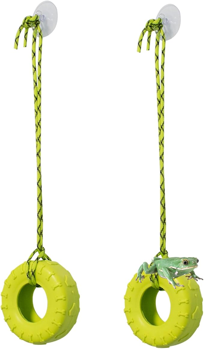 2 PCS Tree Frog Toy Tire Swing Habitat Miniature with 2 Suction Cup Hook Frog Tank Accessories Terrarium Decor Climbing Swing Reptile Amphibian Crustacean Climbing Toy