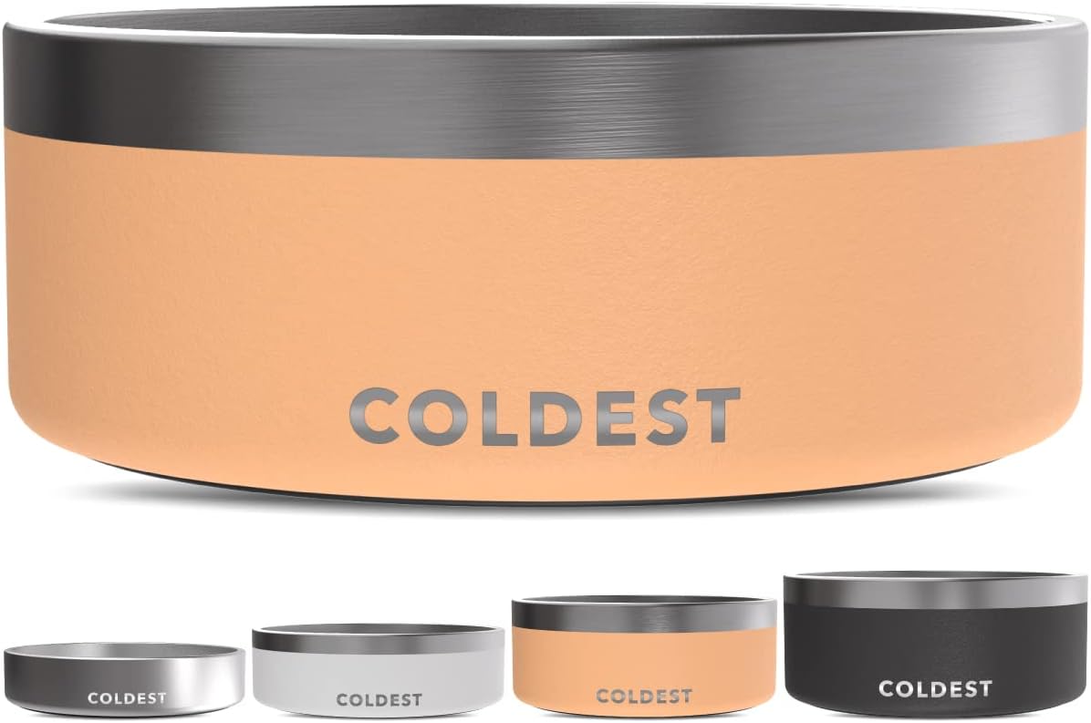 Coldest Dog Bowl - Anti Rust Metal, Non Slip, 3 Layers Insulated Stainless Steel Dog Bowls - Spill Proof & Heavy Duty - Water Bowl for Dogs, Cats & Pets, Dish Washer Safe (64 oz, Sahara Peach)