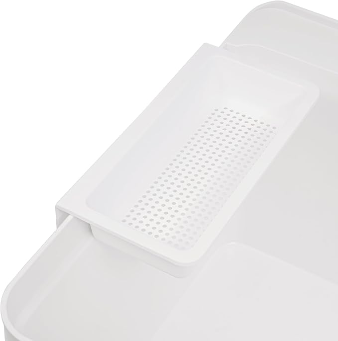 Tall Freestanding Plastic Utility Sink with Hose Hook Up White | 360° Rotating Hot and Cold Faucet, Built-in Soap Box and Soap Dispenser, Bottom Storage Rack, Four Iron Support Feet