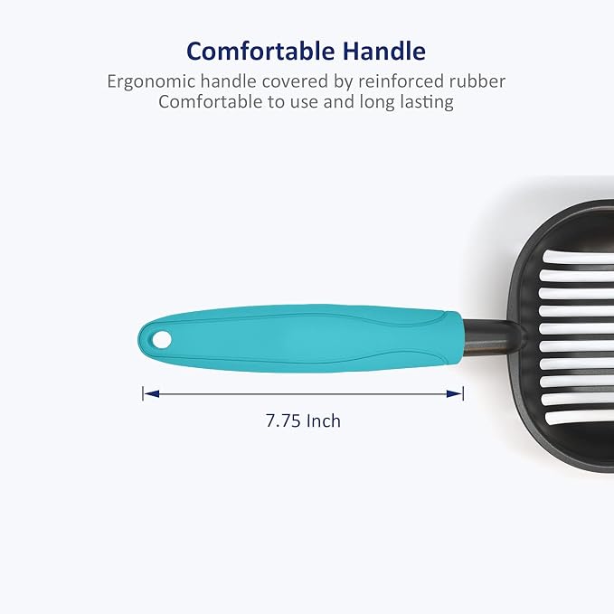 Cat Litter Scoop, Non-Stick Plated Aluminum Alloy Sifter, Kitty Durable Metal Scooper, Deep Shovel, Long Handle, Kitten Pooper Lifter, Size Large, Coated Black Body with Turkish Blue Handle