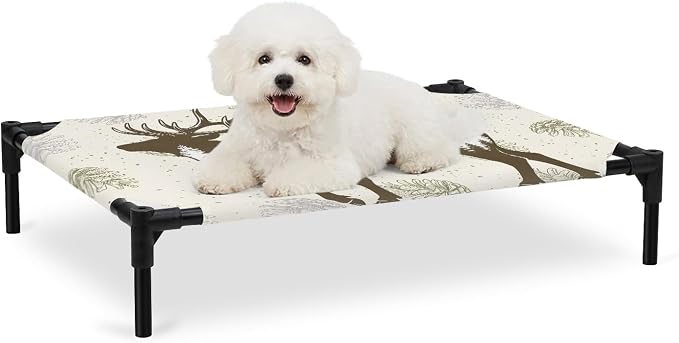 Outdoor Elevated Dog Bed for Medium Dogs, Brown Moose Breathable Cooling Raised Dog Cot for Indoor/Outdoor, Trees Pine Cones Elegant Pastoral Waterproof Elevated Pet Beds, M 24 x 20 in
