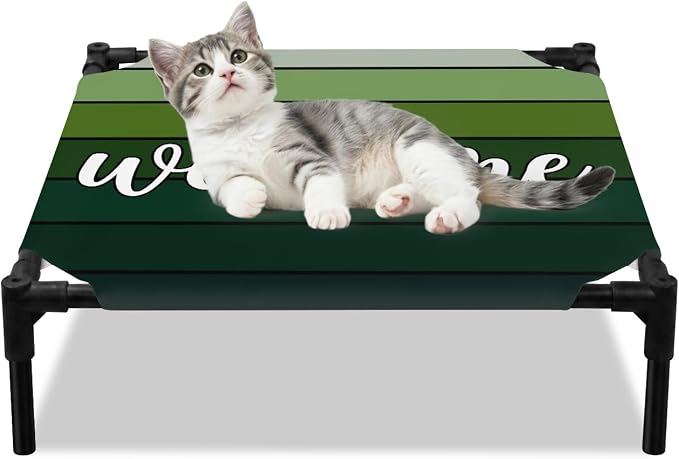 Outdoor Elevated Dog Bed for Small Dogs, Green Wooden Grain Breathable Cooling Raised Dog Cot for Indoor/Outdoor, Ombre Farmhouse Country Wood Plank Waterproof Elevated Pet Beds, S 20 x 20 in