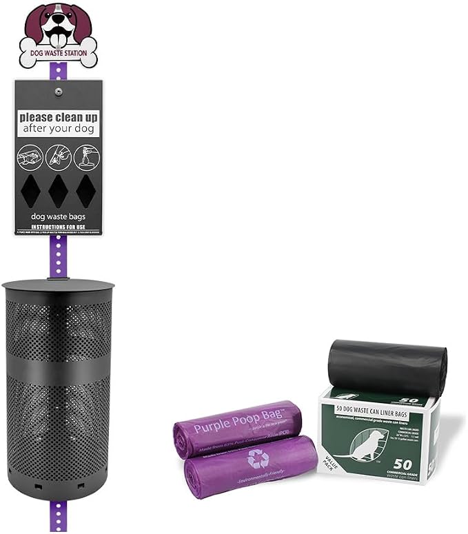 Zero Waste USA - Aluminum Dog Waste Station with Bags - Purple & Black | Purple dog design with rust-proof aluminum station, 400 roll bags, 25 liners, locking dispenser, 10-gallon waste can
