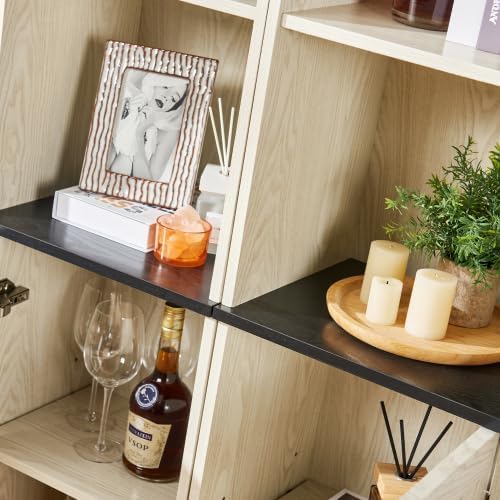 Storage Cabinet with Adjustable Shelves | Open Display Cubbies & Closed Barn Door Storage 3D Wood Grain Finish MDF Bookcase for Bedroom Living Room Office