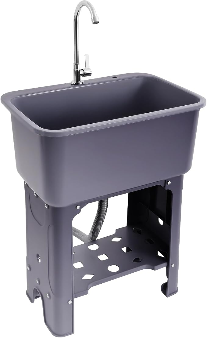 Freestanding Plastic Utility Sink with Hose Hook Up Gray | 110.23 lbs Load Capacity, 360° Swivel Faucet, Includes Washboard, Bottom Storage Board, Suitable for Garages and Gardens