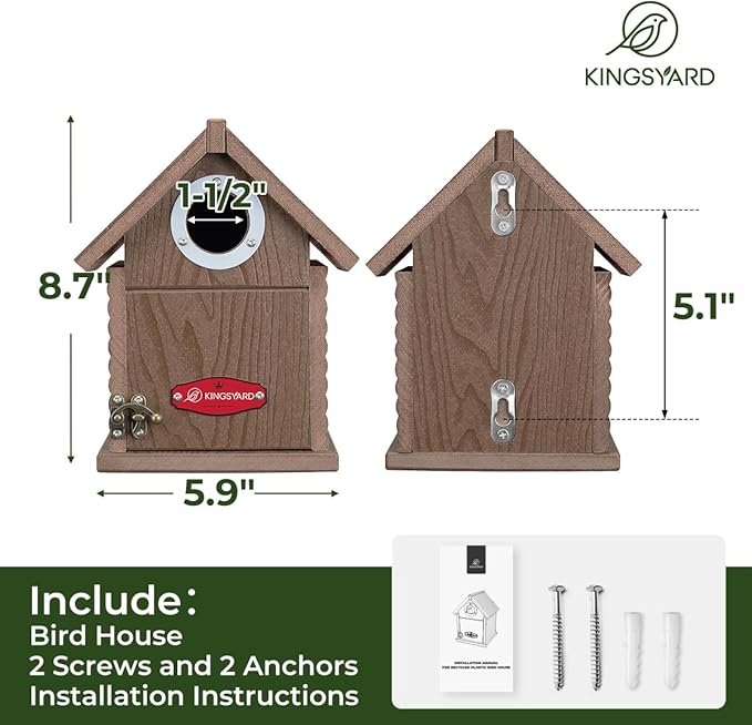 Kingsyard Recycled Plastic Bird House for Outdoors - Weatherproof Nesting Box with Clear View Panel & Predator Guard for Bluebird Wren Swallow Finch, Brown
