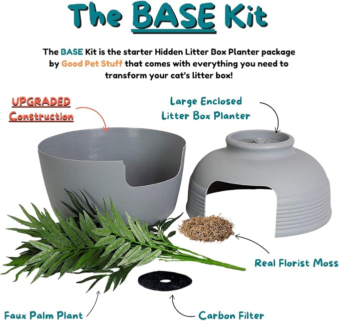 Good Pet Stuff Original Hidden Litter Box Planter, Decorative Cat Litter Enclosure with Carbon Filter, Artificial Palm Plant, Upgraded Design, Easy to Clean, Base Kit, Stone Gray