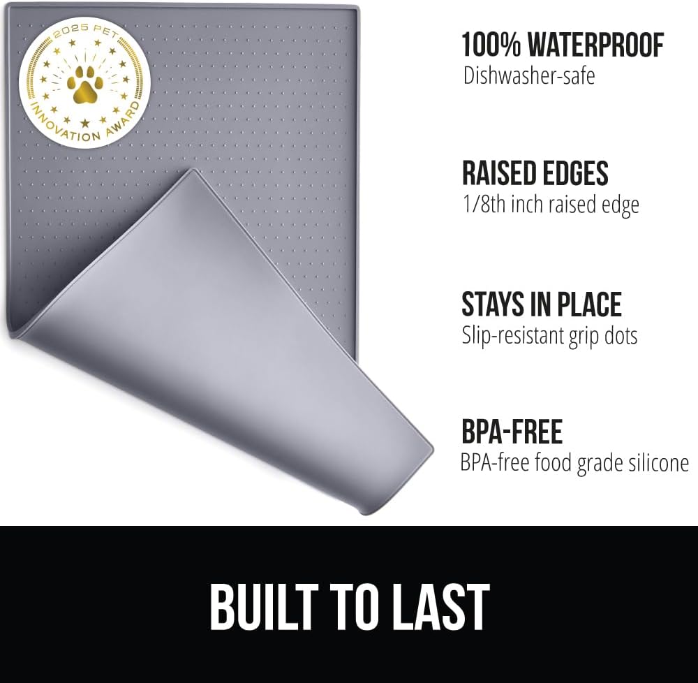 GORILLA GRIP 100% Waterproof Raised Edge BPA Free Silicone Pet Feeding Mat, Dog Cat Food Mats Contain Spills Protects Floors, Placemats for Cats and Dogs Water Bowl, Pets Accessories 16x10, Gray