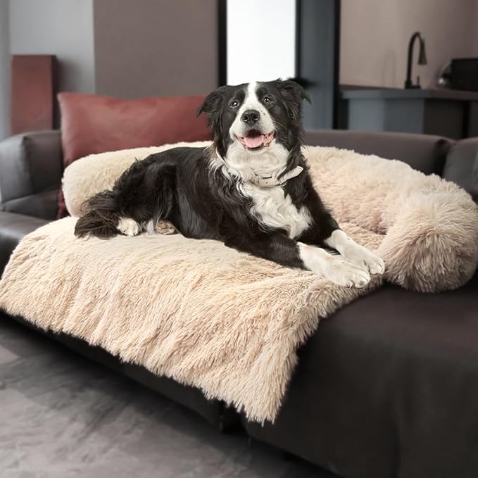 Luxurious Calming Dogs/Cats Bed Mats, Dog Pad Washable Removable Couch Cover, Plush Long Fur Mat for Pets, Waterproof Lining, Perfect for Small, Medium and Large Dogs and Cats (Beige, 53"x39")