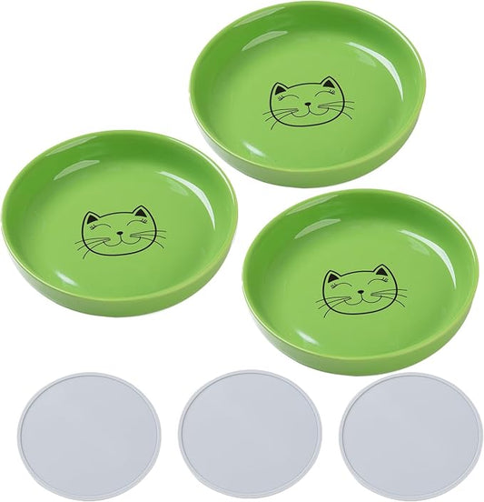 Lusifaco Shallow Cat Food Bowls, 5.9 Inch Wide Ceramic Cat Dish for Indoor Cat,Anti Whisker Fatigue Cat Dishes Set, Kitten Plates for Food and Water,Non-Slip Silicone Mat,3 Pack(Green)