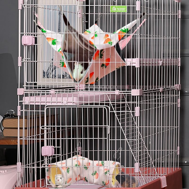Large Caliber Guinea Pig & Rat Tunnel Hideout & Hammock, Corner Hideout Toy for Guinea Pig, Ferret, Hedgehog & Piggy to Hide and Shuttle (2. Hammock&Tunnel-Strawberry)