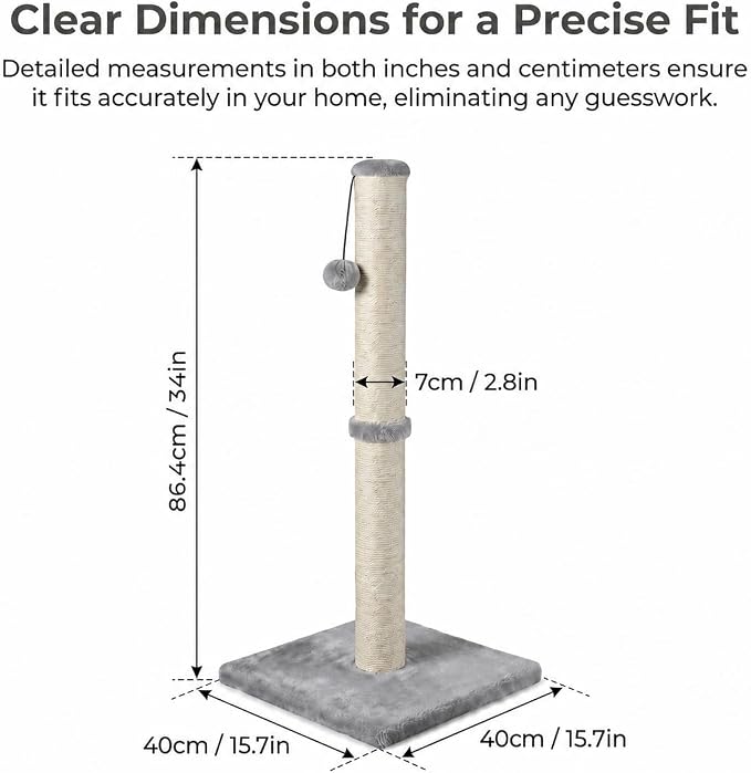 Dimaka 34" Tall Cat Scratching Post for Large Cats and Kittens, High Vertical Scratcher with Premium Natural Sisal Rope and Interactive Hanging Ball for Indoor Cat(Grey, 34 inches for Large Cats)