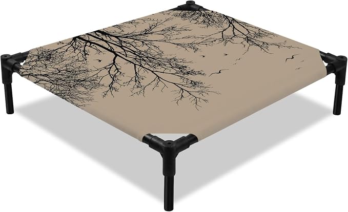 Outdoor Elevated Dog Bed for Small Dogs, Brown Black Branches Breathable Cooling Raised Dog Cot for Indoor/Outdoor, Botanical Dead Tree Birds Waterproof Elevated Pet Beds, S 20 x 20 in