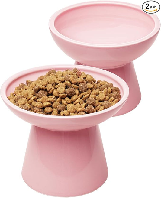 CEEFU 2 Elevated Cat Bowls Extra Wide for Food & Water – Whisker Fatigue, Ceramic Wide Shallow Food Dish, Lead & Cadmium Free, Raised Height for Cats, Pink