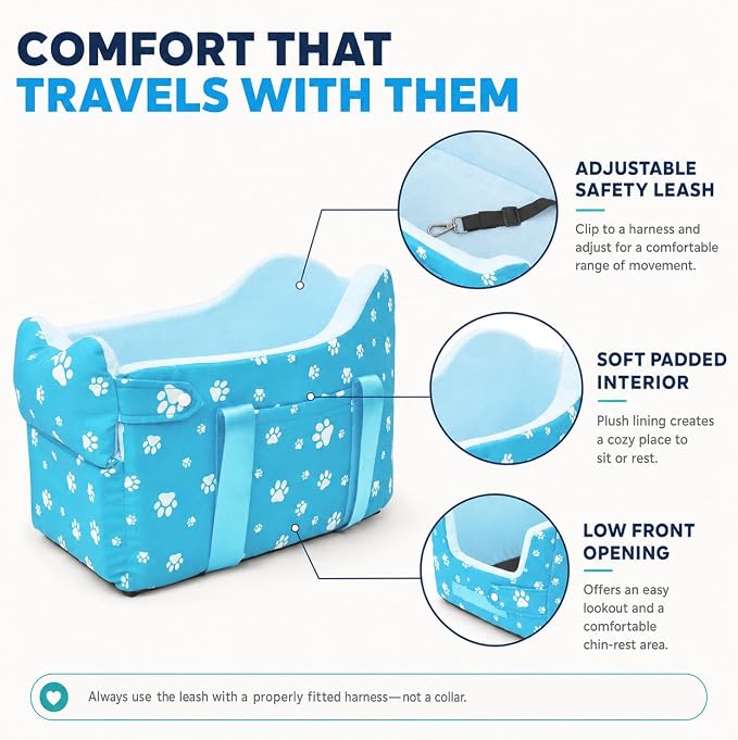 Center Console Dog Car Seat for Small Dogs Under 15lbs,Detachable Washable Booster Pet Car Seat Travel Bed with Storage Pockets and Seat Belt(Blue)
