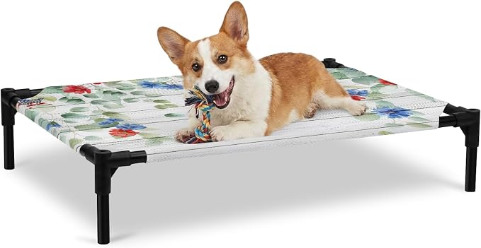 Outdoor Elevated Dog Bed for Large Dogs, Independence Day Breathable Cooling Raised Dog Cot for Indoor/Outdoor, Eucalyptus Leaves Floral Wooden Plank Waterproof Elevated Pet Beds, L 28 x 22 in