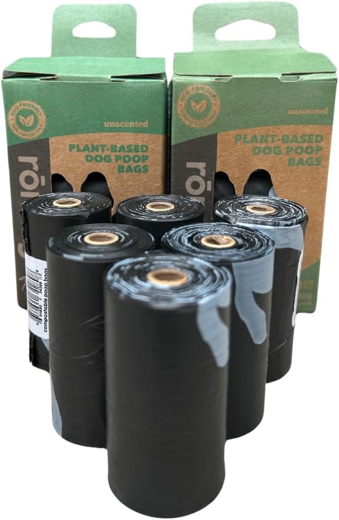ROMNG Compostable Dog Poop Bags, Plant-Based, TUV Certified, Unscented, Leak-Proof, 18 Rolls, 270 Bags, Black