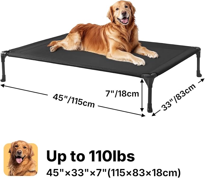 Veehoo Outdoor Elevated Dog Bed Large Sized Dogs, Cooling Raised Dog Cots | Off-ground training platform, portable camping hammock, breathable mesh, easy to clean, no-tool setup, 45"x33", Black