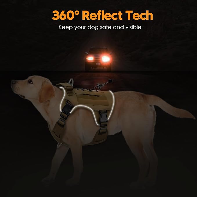 Heavy-Duty Tactical Dog Harness for Large Dogs, No Pull Adjustable Reflective Pet Vest with Molle System, K9 Military-Grade Control for Service Training, Outdoor & 10+ Breeds, Khaki, Large