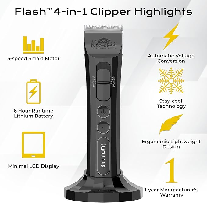 Kenchii Flash Dog Clippers for Grooming 4-in-1 Digital Cordless Cat & Dog Grooming Clipper for Pet Care, Precision Pet Grooming Trim, Shape, and Style Effortlessly, White