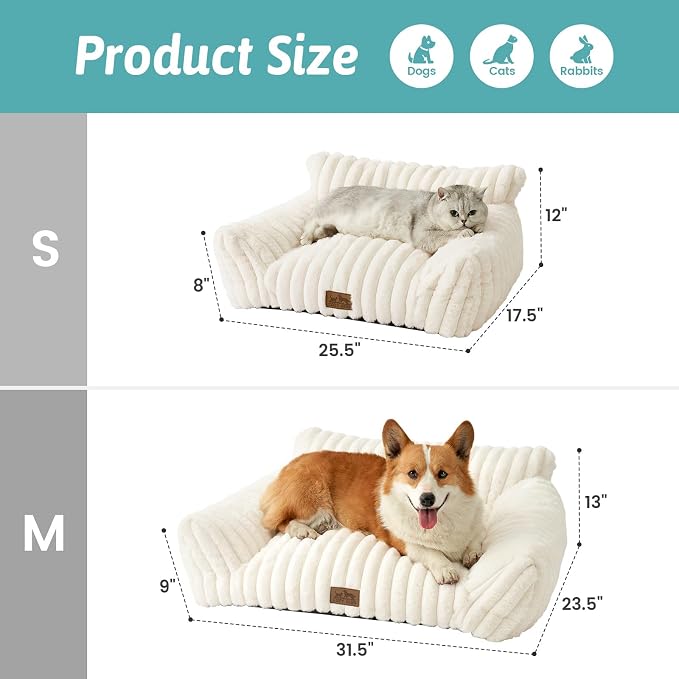 COZY KISS Cute Cat Couch, Fluffy Sofa Bed for Cats and Small Dogs, Premium Faux Rabbit Fur Cats beds for Indoor Cat, Ultra-Soft Supportive Pet Couch Furniture (Cream, S: 25.5''x17.5'')