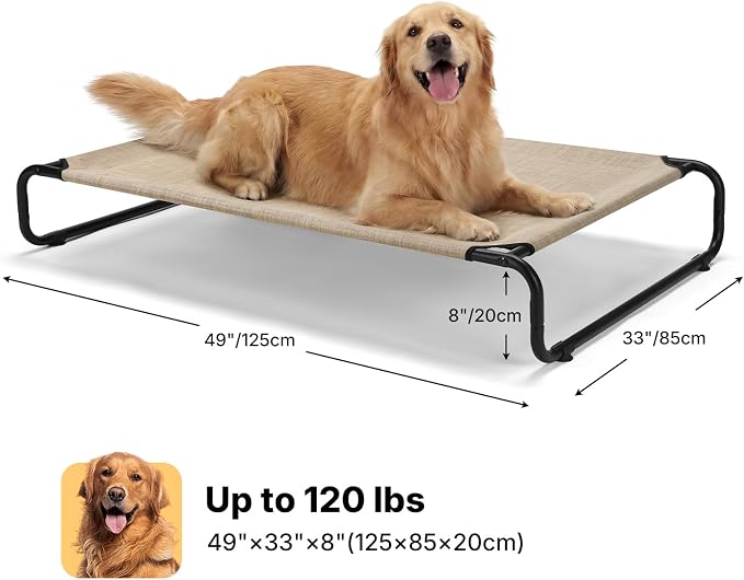 Veehoo Cooling Elevated Dog Bed, Outdoor Raised Dog Bed for Large Dogs | Dog Cot with Thickened Frame, Durable Teslin Mesh & Anti-Slip Rubber Feet, Pet Hammock for Indoor or Camping, 49", Beige