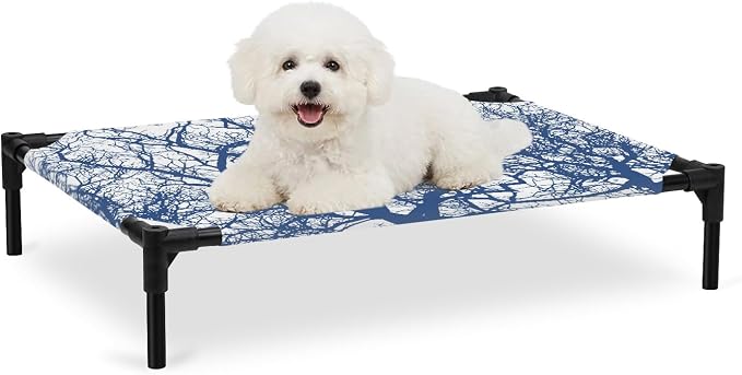 Outdoor Elevated Dog Bed for Medium Dogs, Modern Tree Branches Breathable Cooling Raised Dog Cot for Indoor/Outdoor, Contemporary Sky Blue Botanical Waterproof Elevated Pet Beds, M 24 x 20 in