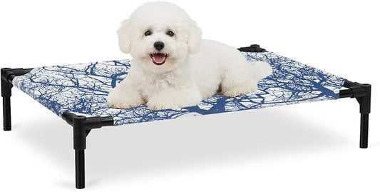 Outdoor Elevated Dog Bed for Medium Dogs, Modern Tree Branches Breathable Cooling Raised Dog Cot for Indoor/Outdoor, Contemporary Sky Blue Botanical Waterproof Elevated Pet Beds, M 24 x 20 in