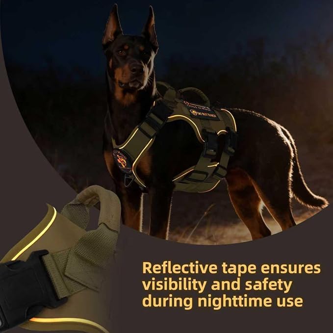 Reflective Tactical Dog Harness with AirTag Holder&3 Pet Patches, Khaki L | Heavy Duty No Pull Dog Harness, Adjustable Dog Harness, Two Handles, Breathable Mesh Padding, Resists Dirt and Stay Clean