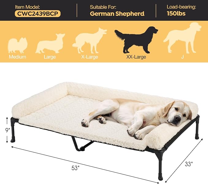 Veehoo Orthopedic Elevated Dog Bed Add Removable Deluxe Rose Plush Bolster Cushion Mat, 53" x 33" Washable Dog Couch Bed, Raised Pet Cot with Breathable Teslin Mesh, No-Slip Feet, White, CWC2439B